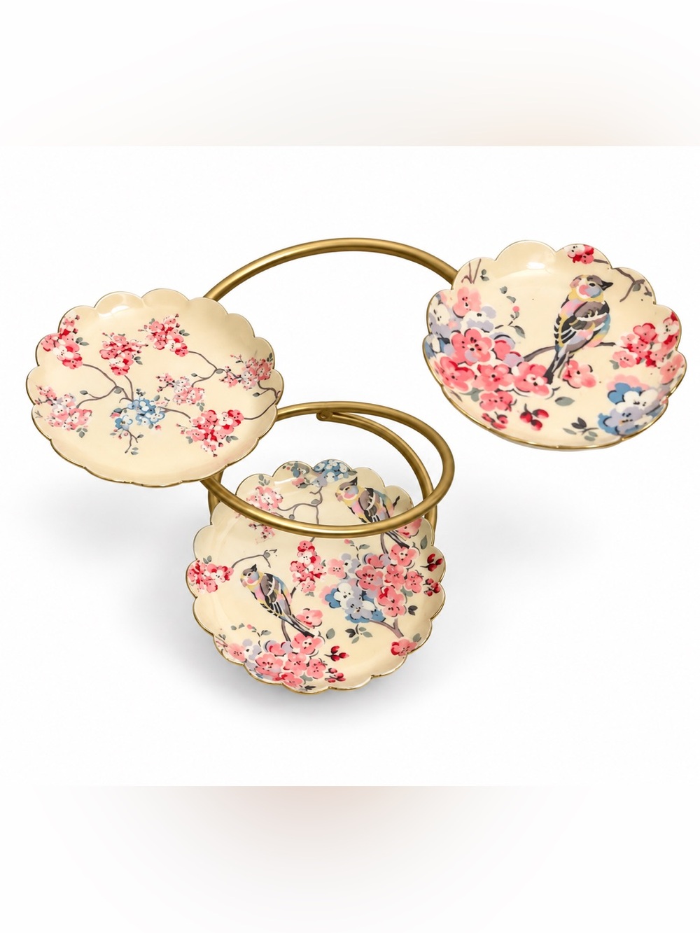 VTG Chinoiserie 3-Tier Brass Vanity Stand Floral Bird Scalloped Dessert Tray